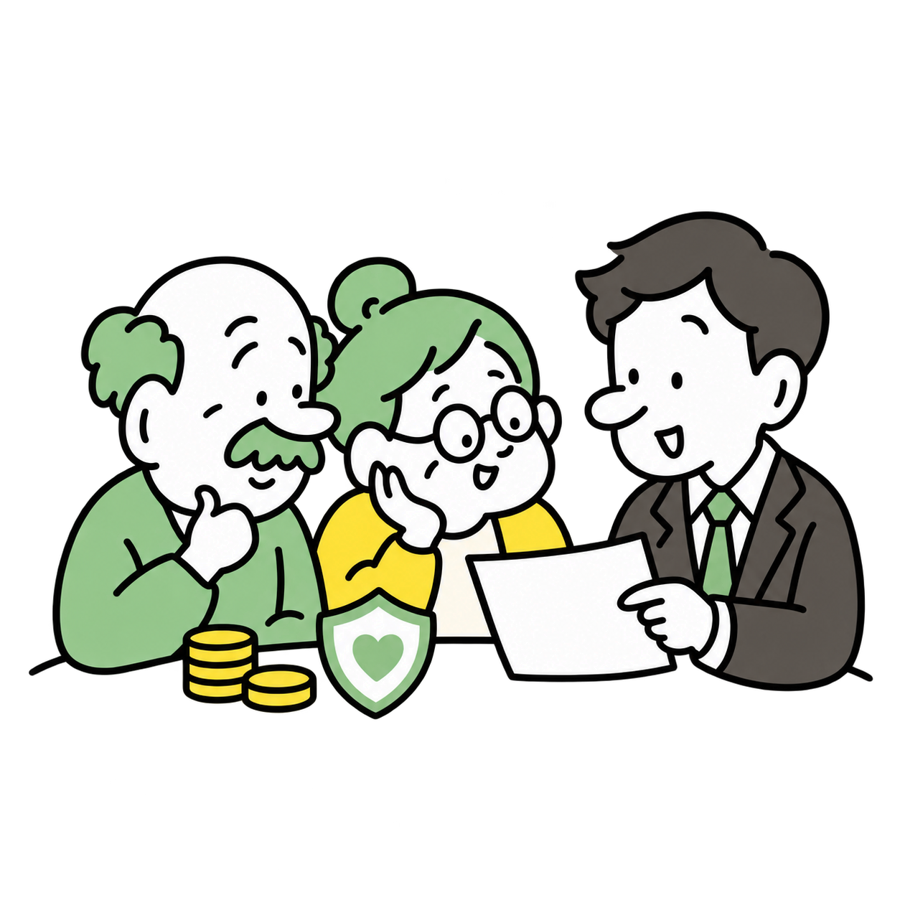 専門家と財産や書類を確認するご家族のイラスト