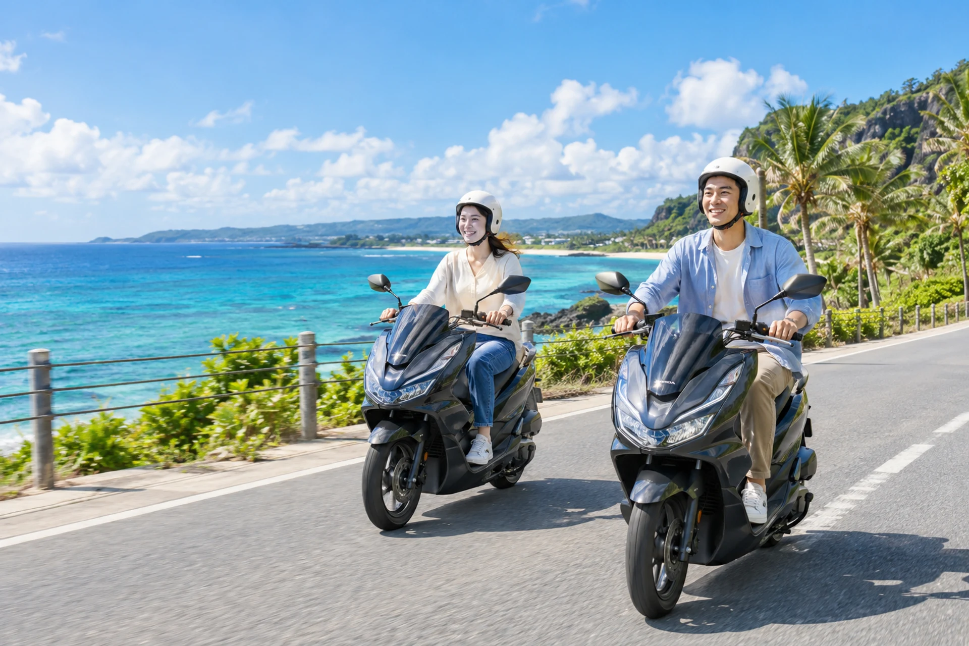 沖縄の海沿いでバイク観光を楽しむ男女