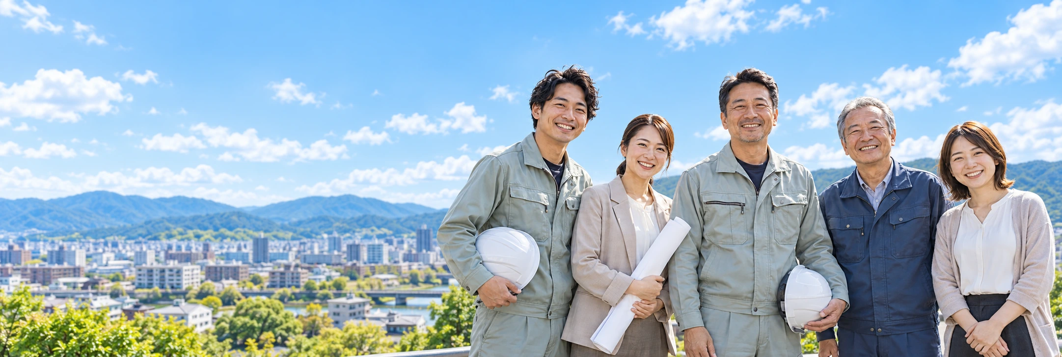 青空と街並みを背景に笑顔で並ぶスタッフ