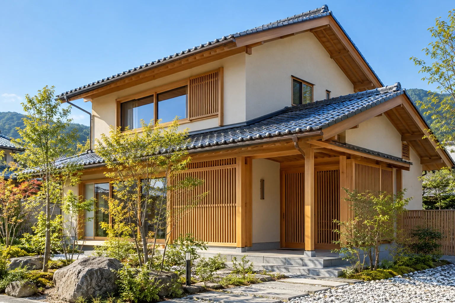 木の格子と瓦屋根の日本家屋