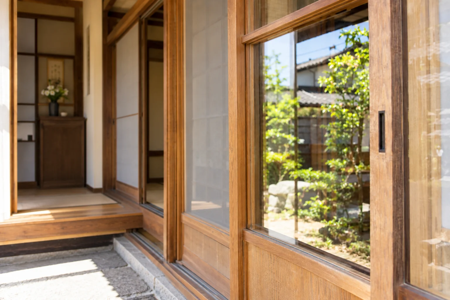 新しいガラスを取り付けた木の建具
