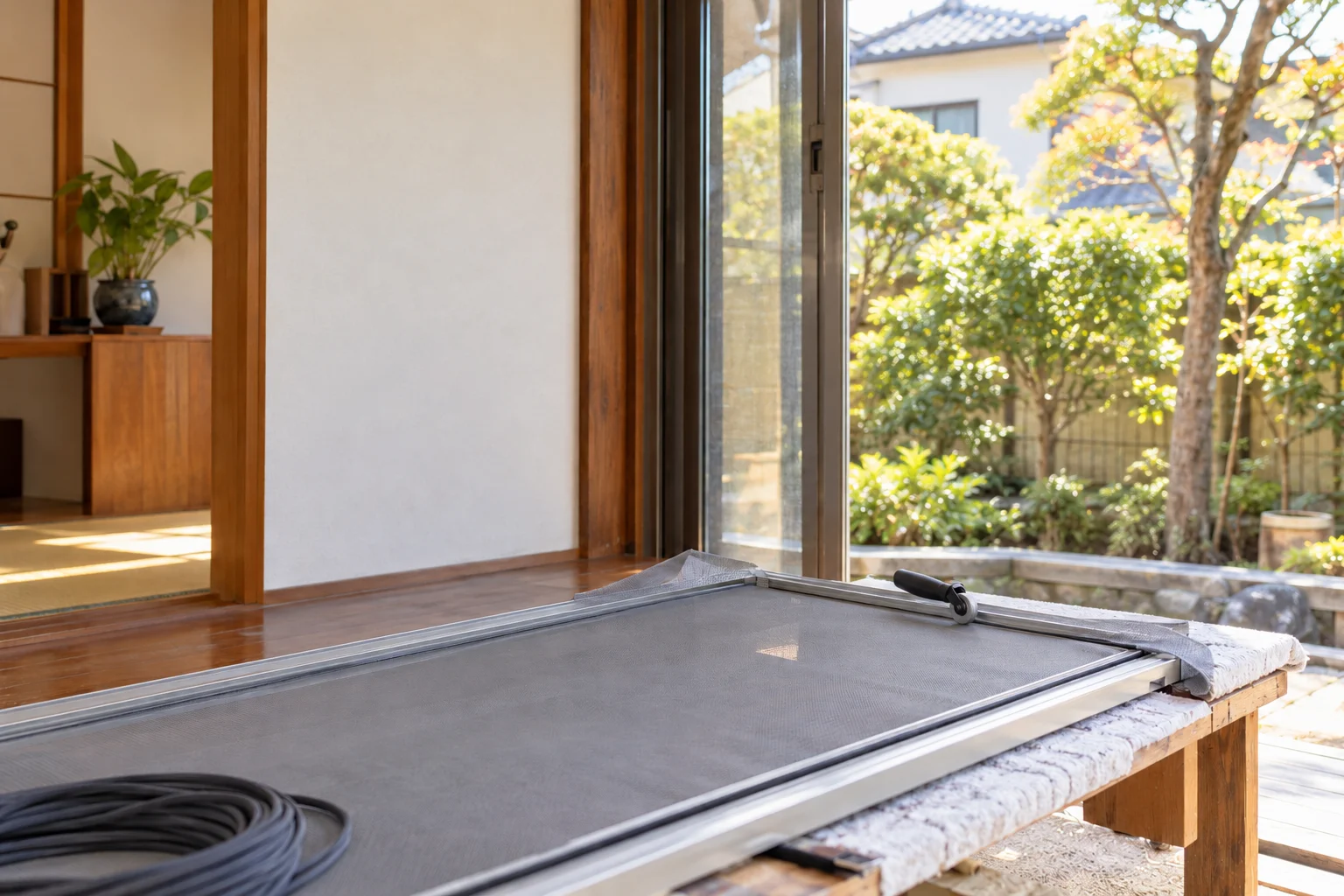 新しい網を張った網戸の枠