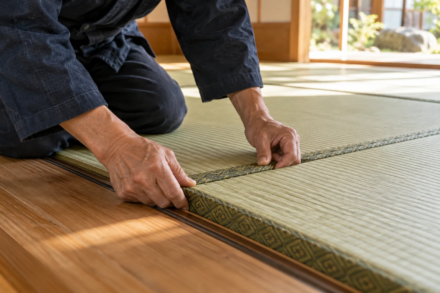 畳を丁寧に整える職人の手元